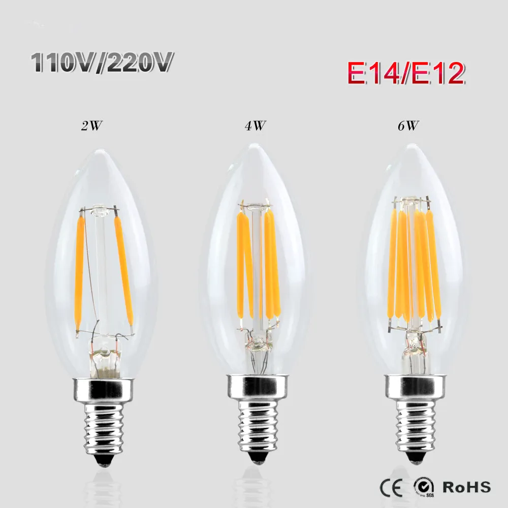 E14 E12 LED-licht 110V / 220V 4W Filament Bulb Kaars Lamp Retro Edison Glas Crystal Kroonluchters