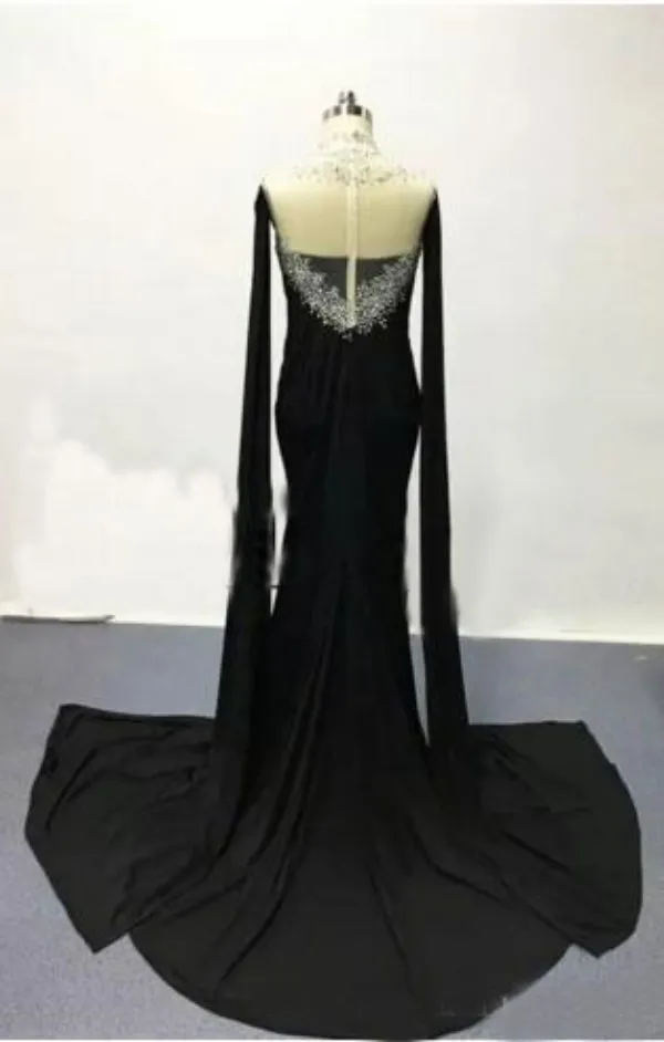 Haifa Wahbe Beaded Black Evening Dresses Sexy Cape Style Latest Mermaid Evening Gowns Dubai Arabic Party Dresses Real Pictures Custom