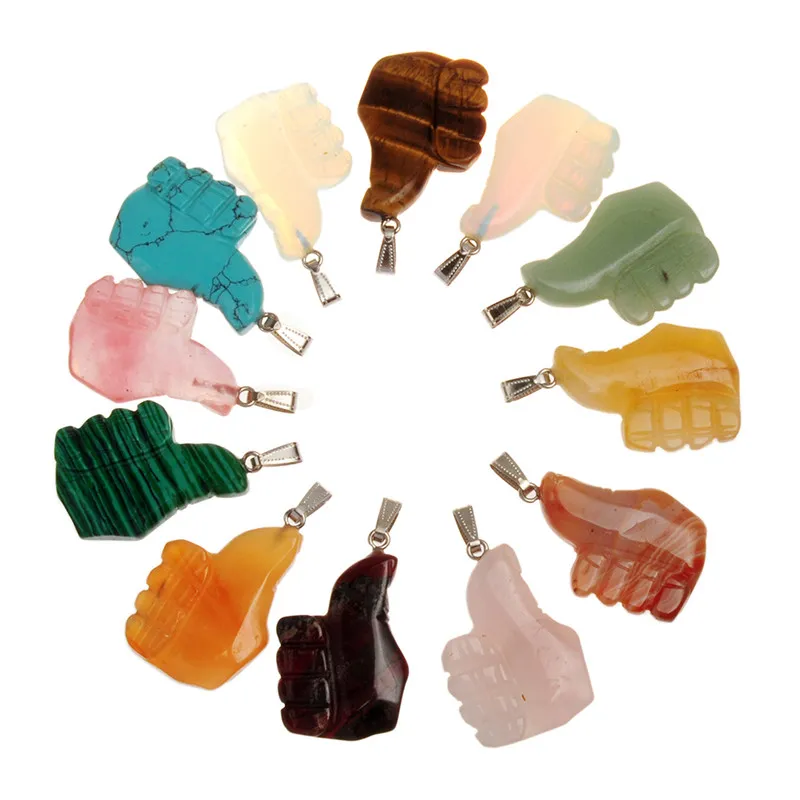 10 stycken blandad slumpmässig färg Topaz Rose Quartz Hand snidad sten Lucky Charm Thumb Up Fist Pendant Reiki Aura Crystal Healing Protection