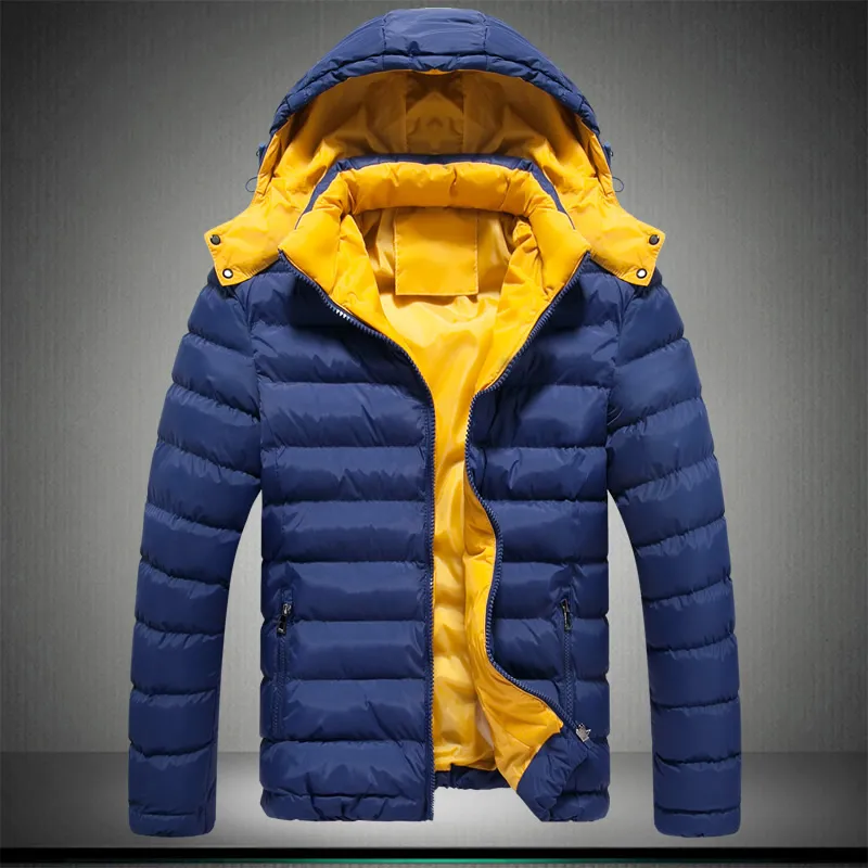 Partihandel-2016 nya herrkläder Coatsjackets ner Parkas Vinterförtjockning Man med huva Wadded Warm Jacket Thermal Coat Mörkblå