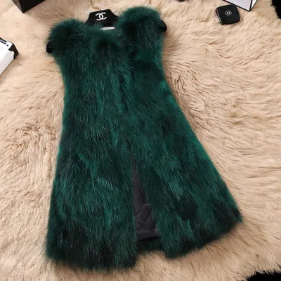 Höst Vinter Ny Kvinnors Lyxig O-Neck Bomullad Förtjockning Raccoon Fur Solid Färg Lång Vest Ärmlös Coat Casacos SmlXLXXL3XL