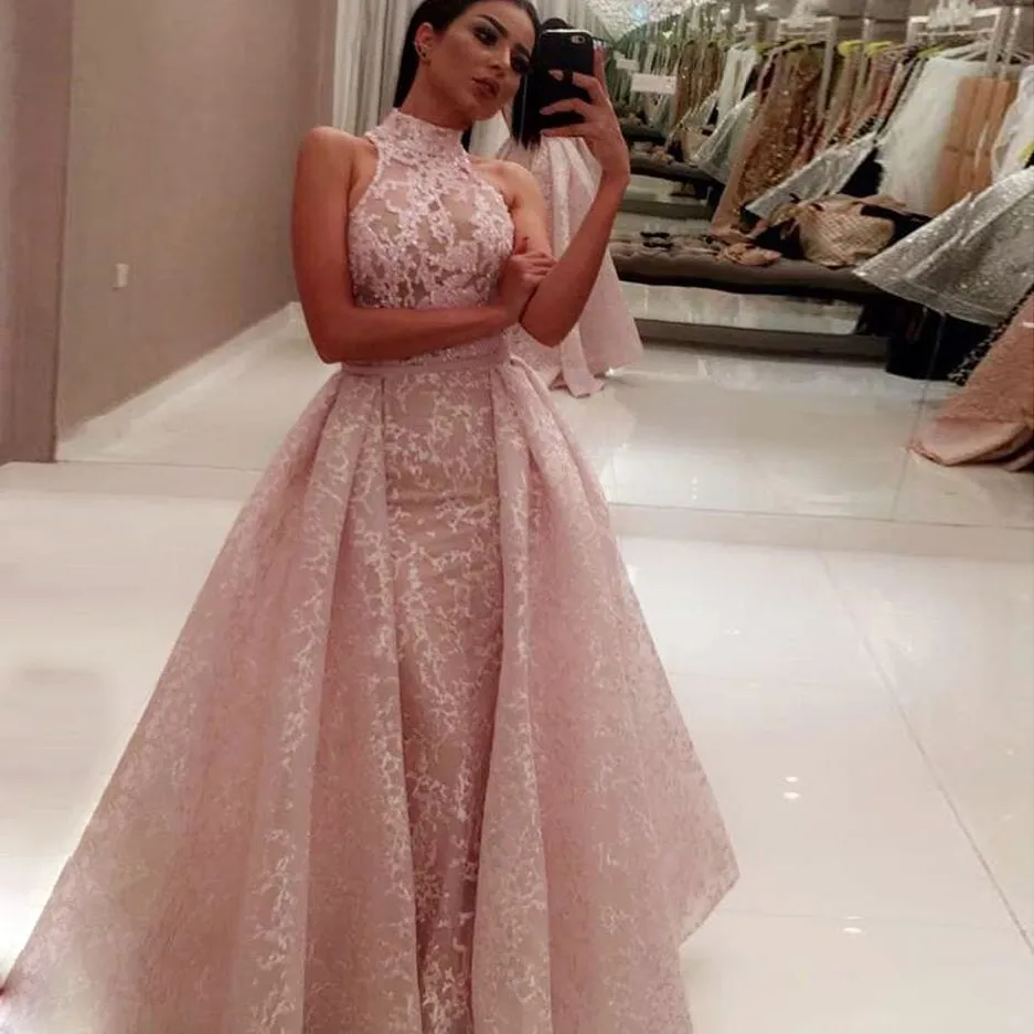 Full Lace Mermaid Evening Dress With Over-Skirts Fashion Pink High Neck Sleeveless Prom Dresses Sexy See Through Formal Dresses Party Gowns