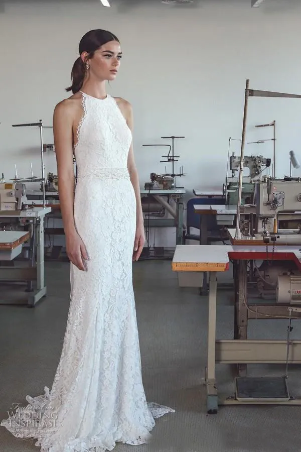 Custom Halter Halter mermaid wedding dress with Full Lace, Pearls, Beads, Sash, and Couvered Buttons - Modest 2017 Collection (EN1043)