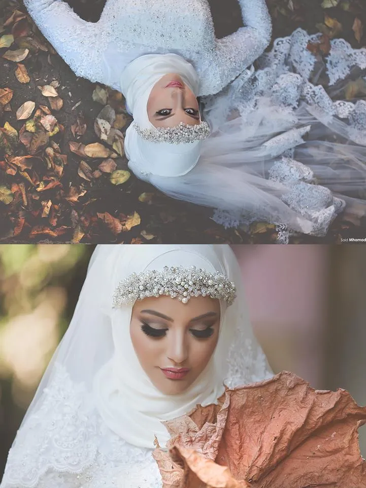 Luxury Muslim Wedding Veils with Lace Appliqued Edge and Crystals One Layer Tulle Elbow Length Bridal Hijab Custom Made246p