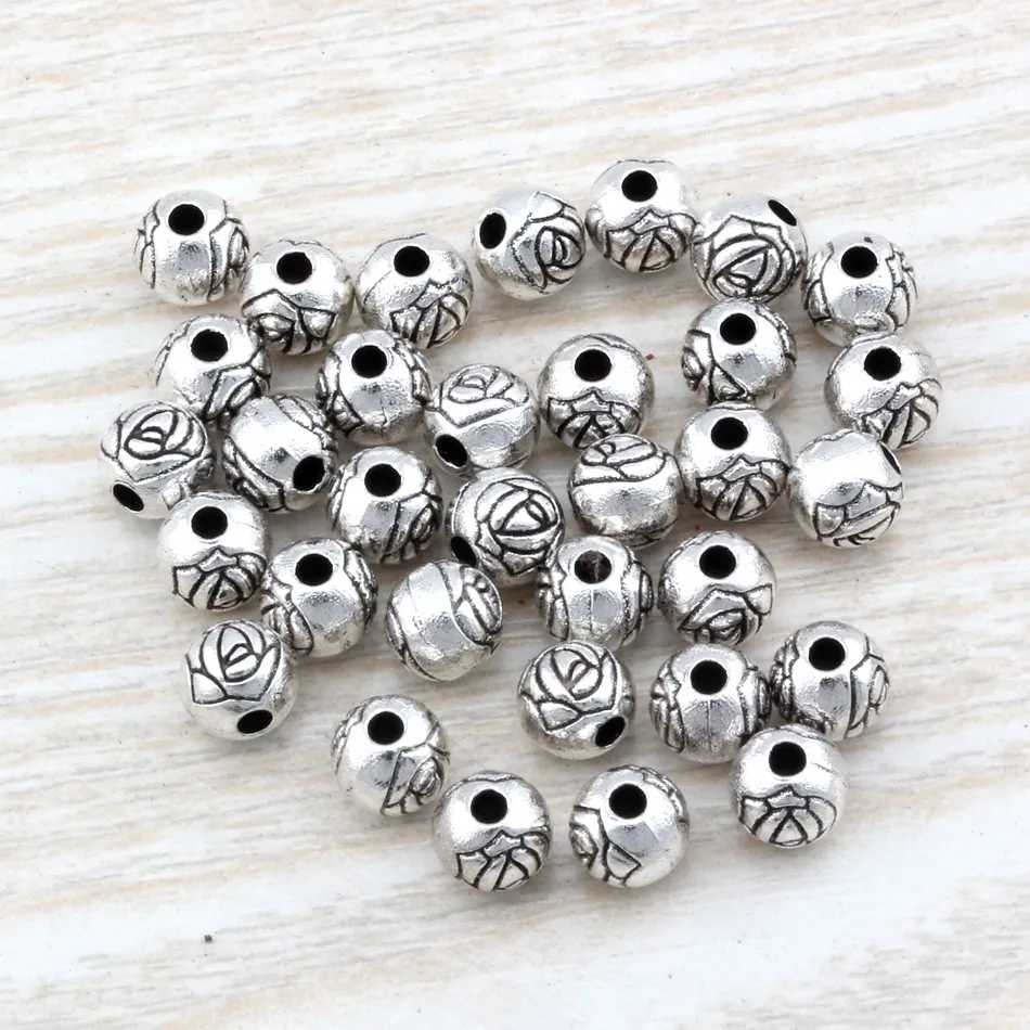 Microfone 300 peças contas espaçadoras redondas de flor de liga de zinco prata antiga 6x55mm joias faça você mesmo d245740570