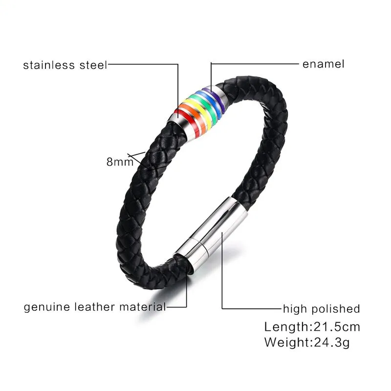 8mm LGBT Rainbow Pleciona bransoletka ze skóry ze stali nierdzewnej Zapięciem z magnesem ze stali nierdzewnej 21.5 cm Długość