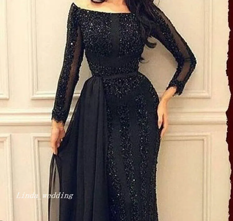 2019 Arabic Muslim Black Colour Long Sleeves Evening Dress Custom Make A Line Chiffon Women Prom Party Gown Plus Size