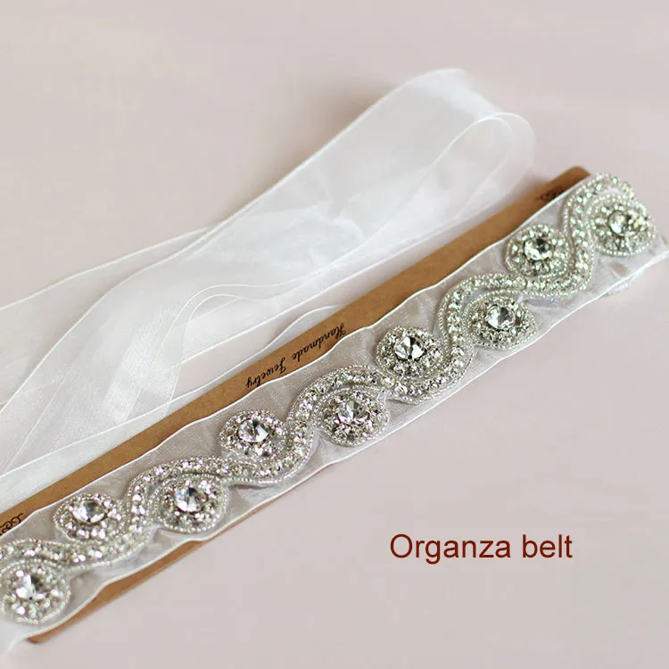 Vit Bridal Sash Bröllop Prinsessan Rhinestone Belt Girl Flower Bridesmaid Dress Accessories Organza Ribbon