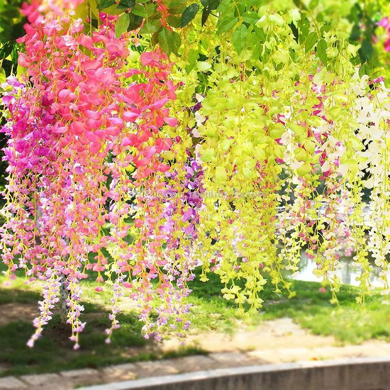 10 unids wisteria artificial falso colgando vid follaje de seda hoja de flores guirnalda planta decoración de la decoración de los colores para elegir