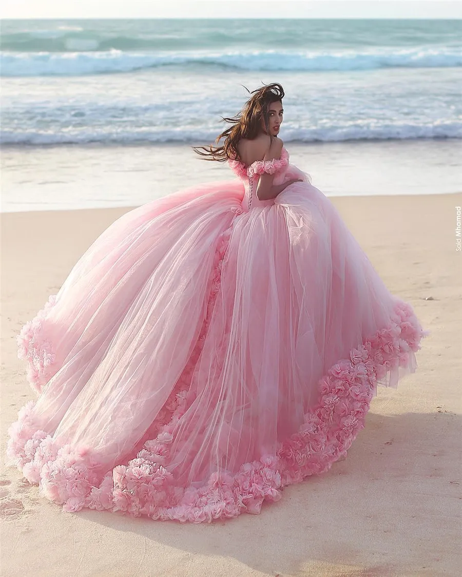 Saidmhamad Off The Shoulder Hand Made Flowers Pink Ball Gowns Beach Bridal Dress with Color Wedding Dress Vestidos de Noiva7977531