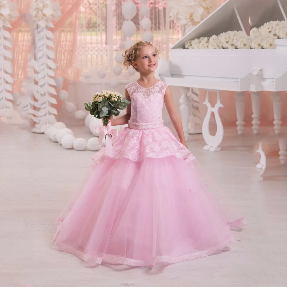 2017 Hot Yellow Pink Scoop Ball Gown Puffy Princess Dress Flower Girl Dresses Girls Pageant Dresses Girls Birthday Formal Party Dress