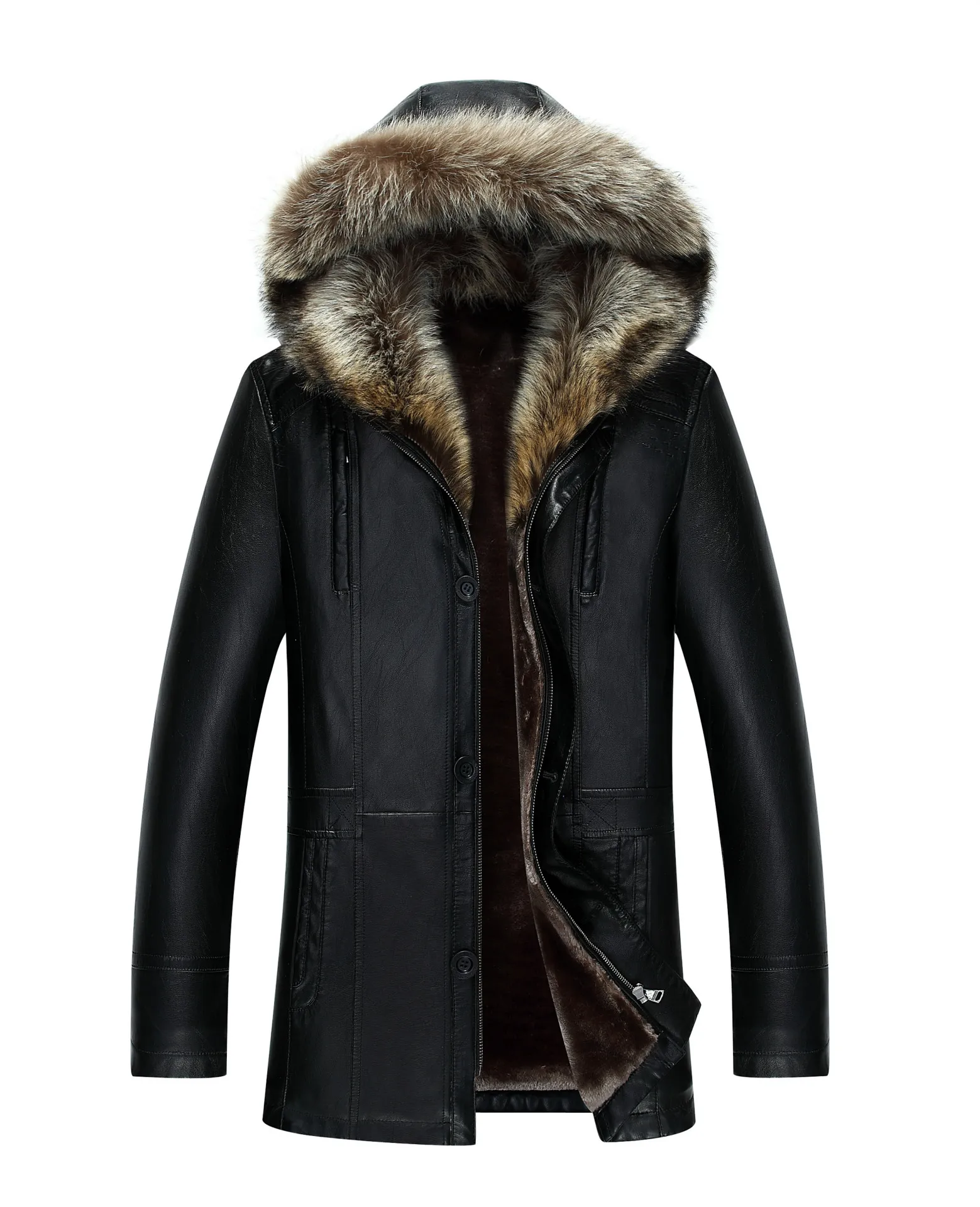 男性本革のジャケット冬コートリアルアライグマの毛皮の襟フード付きカシミヤトップス雪上オーバーコート暖かい屋外プラスサイズ