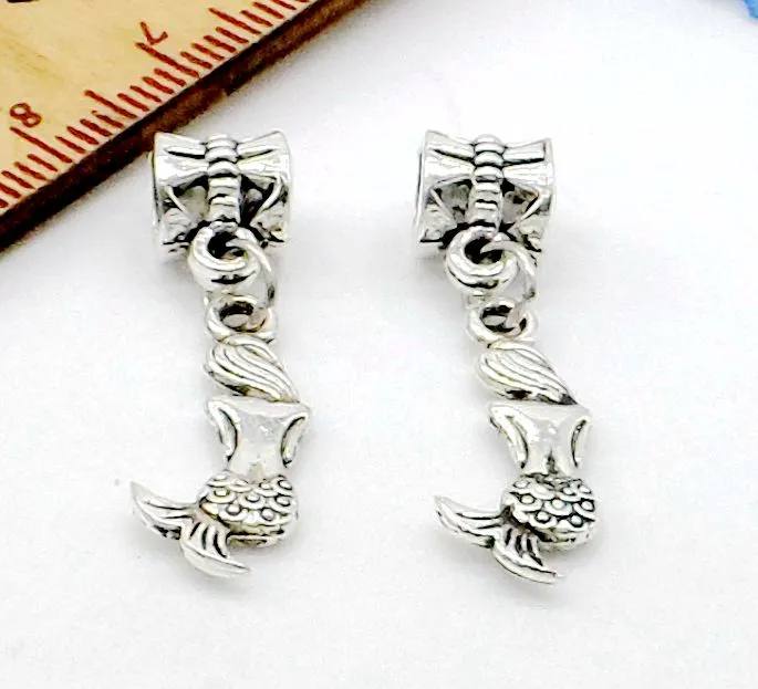 tibetan Silver alloy Mermaid Charms Dangle Beads Fit European pendant Bracelet Jewelry Making Diy 31x7mm hole 4mm