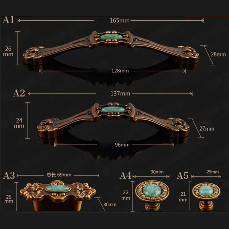 96mm 128 mm europäischer Stil Retro Jade Möbelgriffe braune Kithcen Schrank Weinschrank Schublade Zieh Knöpfe Antiquitäten Messing