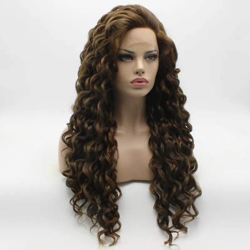 Iwona Hair Curly Long Brown Blonde Mix Wig 18#8/27 Half Hand Tied Heat Resistant Synthetic Lace Front Daily Natural Wigs