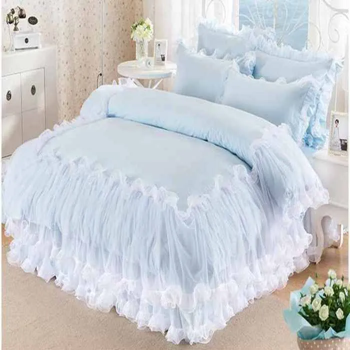 Einfarbiges Spitzen-Bettwäsche-Set, King-Size-Bett, 4-teilig, himmelblau, Polyester/Baumwolle, koreanische Prinzessin, Tagesdecke, Mädchen-Geschenk, Bettdecke/Bettbezug, Bettrock, Kissenbezüge