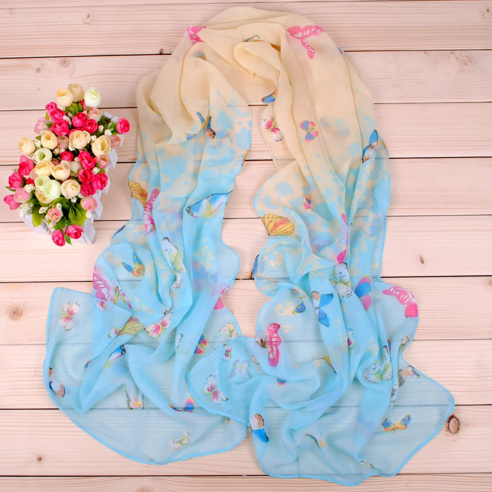Papillon coloré foulards en mousseline de soie fleur nouvelle conception foulard en soie fleur imprimer vente chaude pashmina châle chaîne chaîne foulard en gros GL-SX017