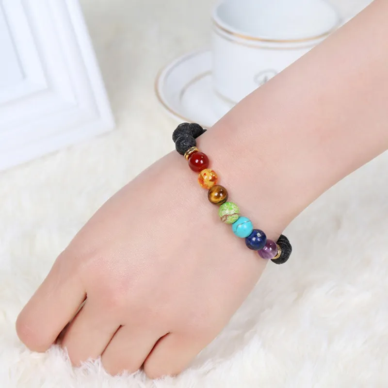 Pulsera de piedra de lava negra natural para mujeres y hombres, 7 chakras, pulseras de cuentas de piedras preciosas de amatista curativas, brazaletes de energía para yoga, joyería