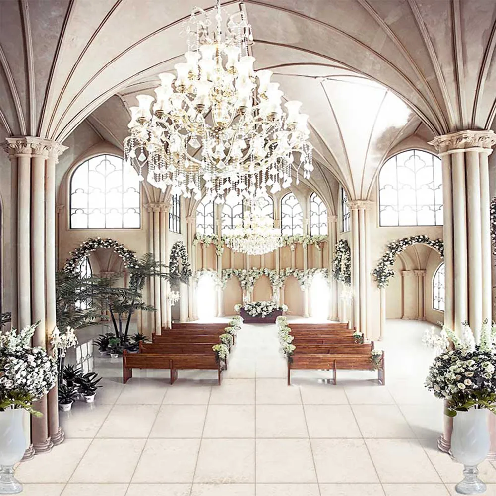 Vinyle Tissu Mariage Photographie Décors Église Lustre Chaises Fleurs Arche Portes Fenêtres Lumineuses Photo Studio Arrière-plans 10x10ft