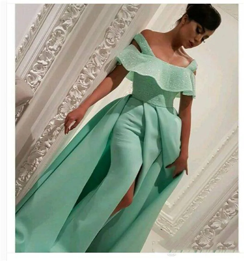 African Mint Green Prom Dresses Off The Shoulder Beads Sheath Formal Dresses Evening Wear Satin Arabic Special Occasion Dress Vestidos