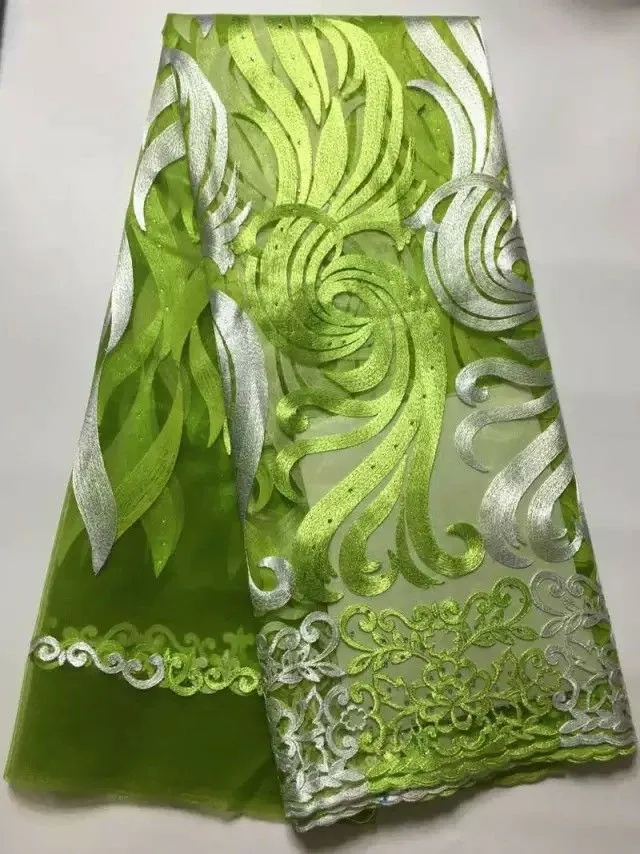 5 야드 / pc 뜨거운 판매 녹색 프랑스 그물 레이스와 실버 자수 아프리카 메쉬 드레스 JY4-7 드레스