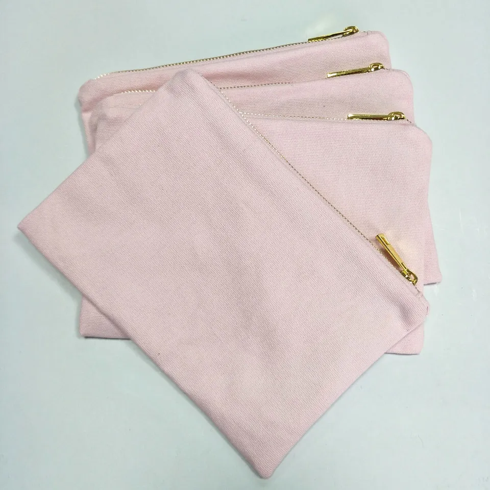 trousse de maquillage en toile de coton rose clair blanc uni avec fermeture éclair dorée doublure dorée sacs à cosmétiques en toile 69 pouces trousses de toilette de mode pour femmes
