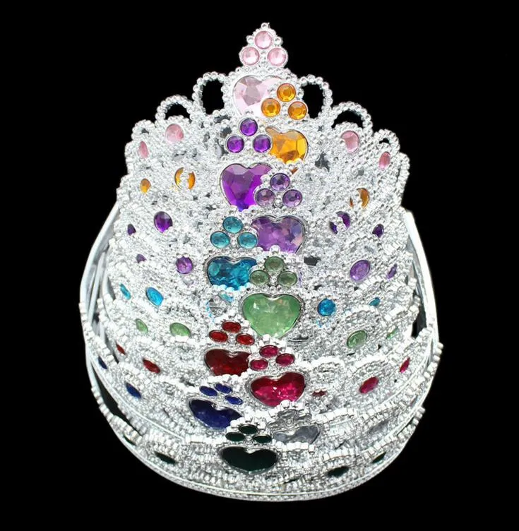 Cos Princess Kids Crown Crown Pl￡stico Tiara Birthday Party Favor Firld Silver Resin Heart Crystal Bands Pageant Prom Hair Jewelry Natal Presente