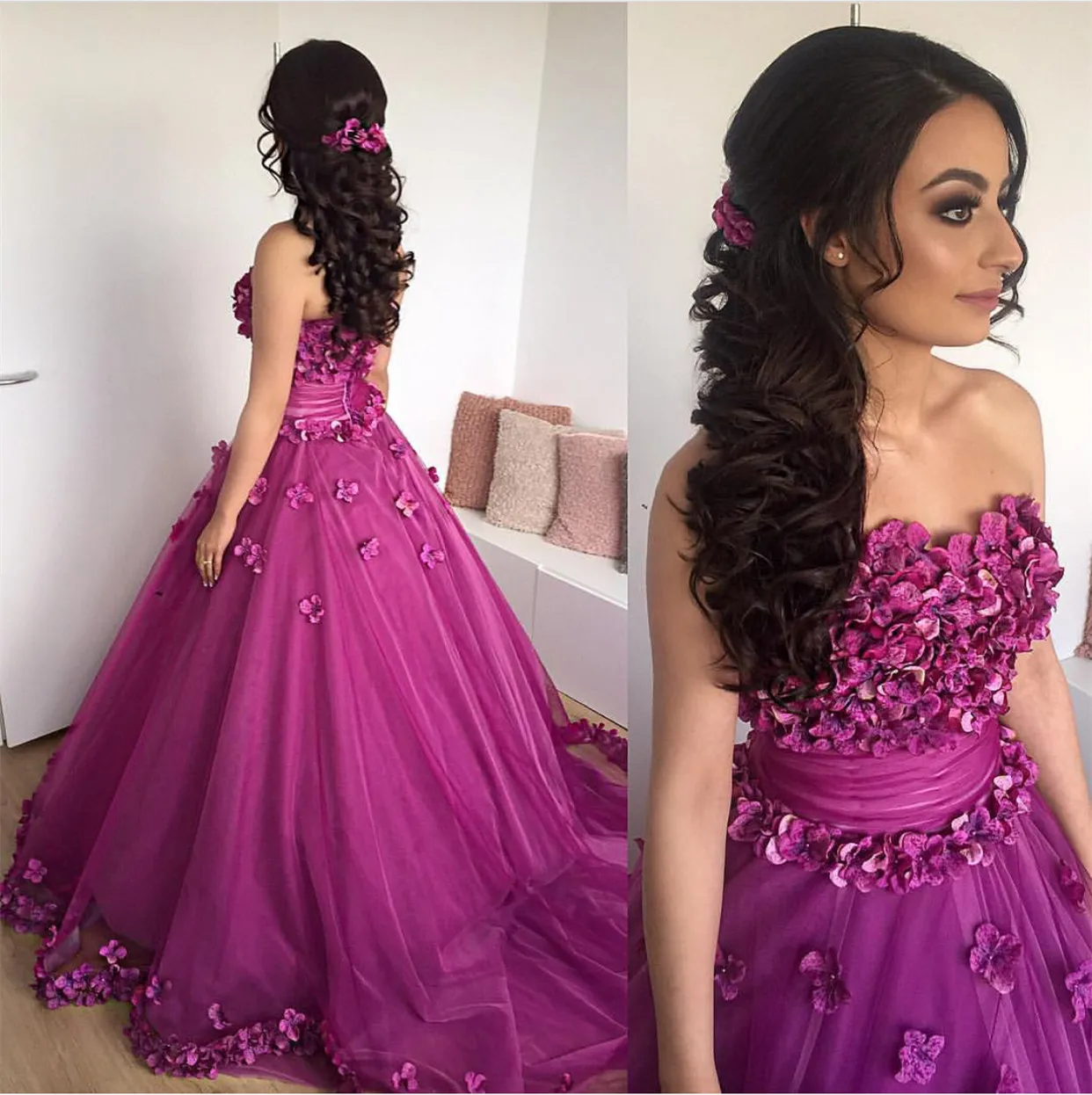 3D Floral Applique Quinceanera Dress Glamorous Purple Fluffy Ball Gown Evening Dresses Formal Prom Dresses Pretty Flowers Tulle Party Dress