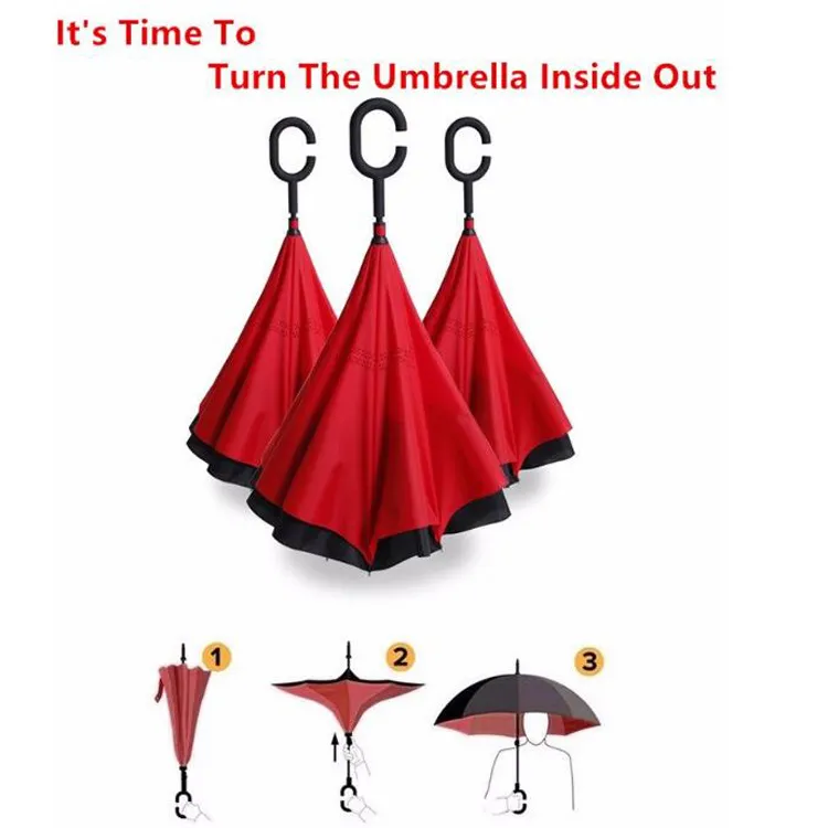Creative Inverted Umbrellas Double Layer With C Handle Inside Out Reverse Windproof Umbrella OOA867
