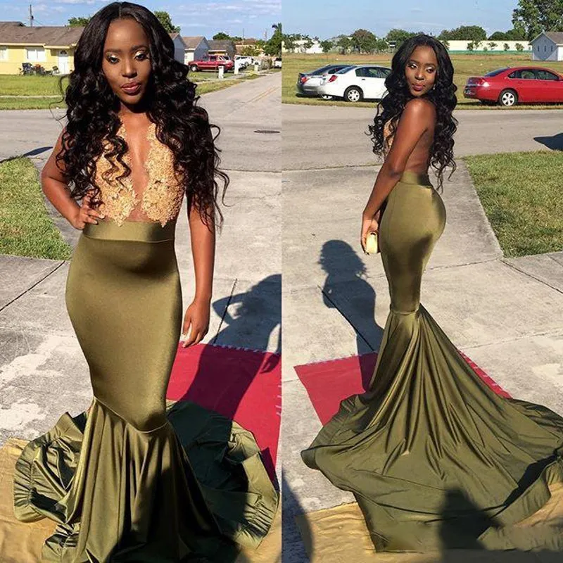 Olive Green African Prom Klänningar 2k17 Guld Lace Appliques Satin Mermaid Evening Gowns Black Girl Cocktail Formell Party Dress