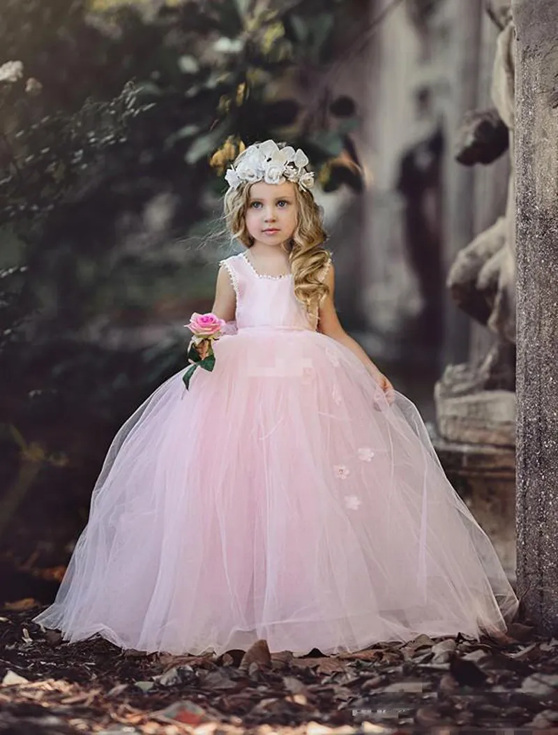Urodziny Boże Narodzenie różowa bez rękawów suknia balowa kwiat dziewczynka sukienki ładny ręcznie robione kwiaty koronki tyłu dziewczyny korowód sukienka na wesela gościnny tiul