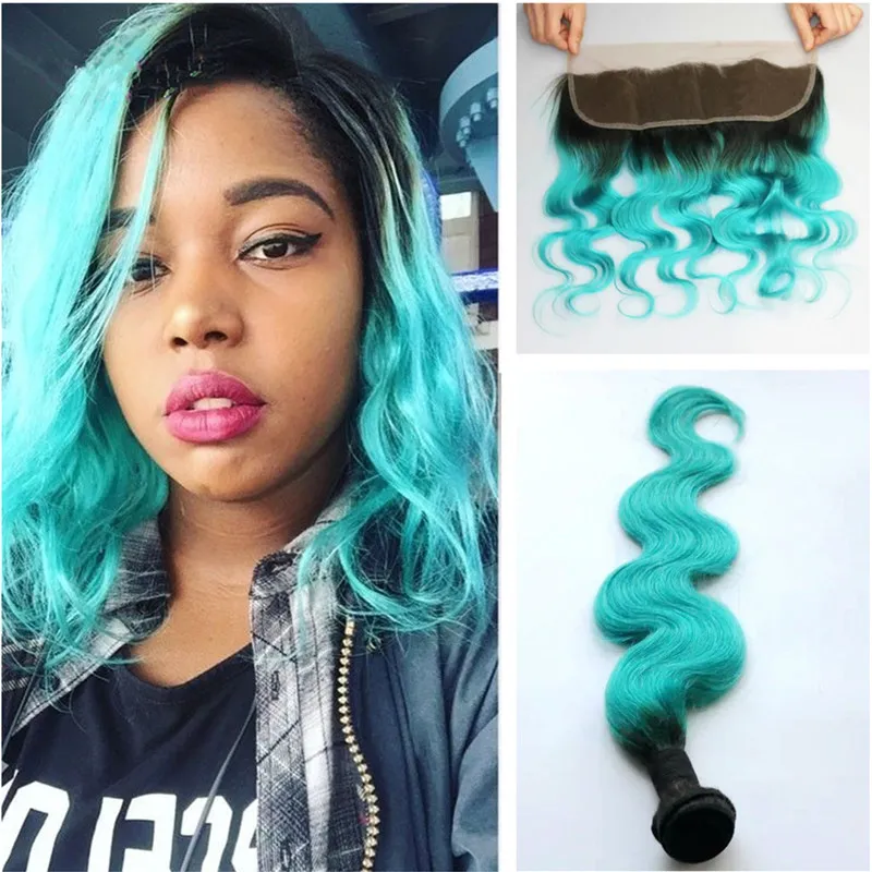 Deux Tons 1B Vert Foncé Racine Ombre Extensions de Cheveux de Vague de Corps Avec Frontaux Armure de Cheveux Turquoise Brésilienne 3 Faisceaux Avec Fermeture Frontale En Dentelle