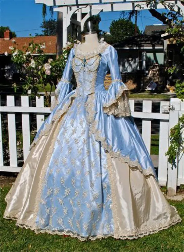 Vestido de baile vintage vestido vitoriano medieval gothid vestido de noiva champanhe luz céu azul mangas compridas sino apliques colher pescoço cust181z