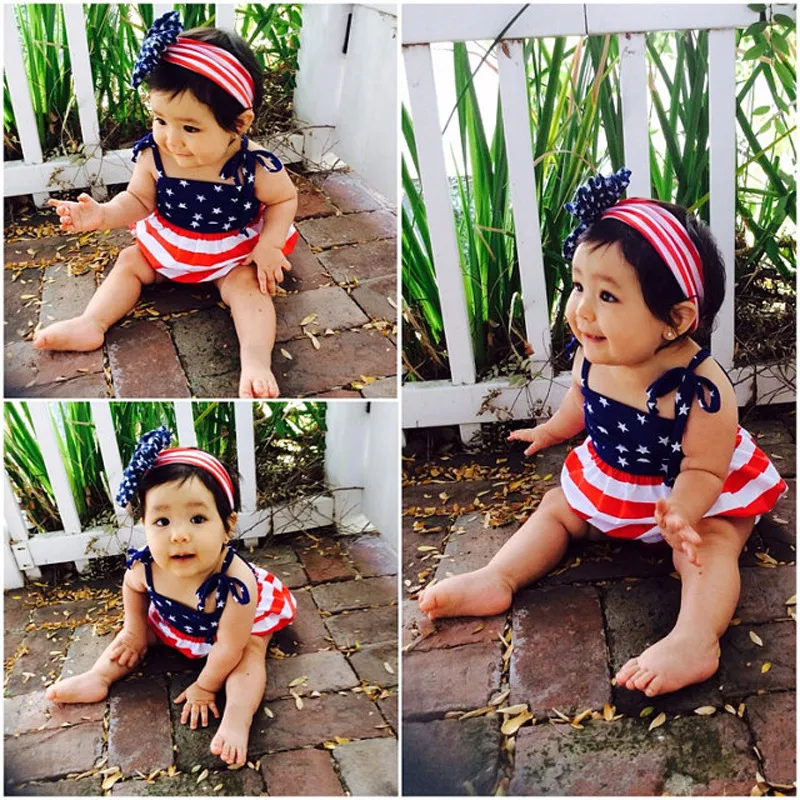 新生児の赤ちゃんの女の子ロンパースのヘッドバンドセット夏のノースリーブアメリカ合衆国国旗幼児ベビー服幼児ジャンプスーツ子供服衣装