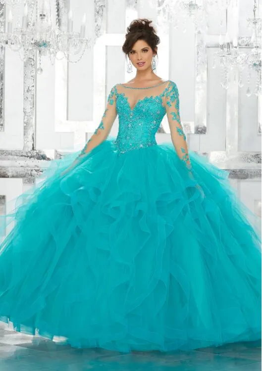 Op maat gemaakte quinceanera -jurken kanten applique pailletten lange mouw blauwe baljurk tule zoet 15 jurken plus size2936