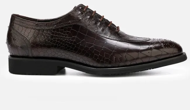 Qualité de luxe hommes chaussures habillées en cuir ciré motif crocodile en cuir de vache respirable trous de forage à lacets bout pointu chaussures d'affaires