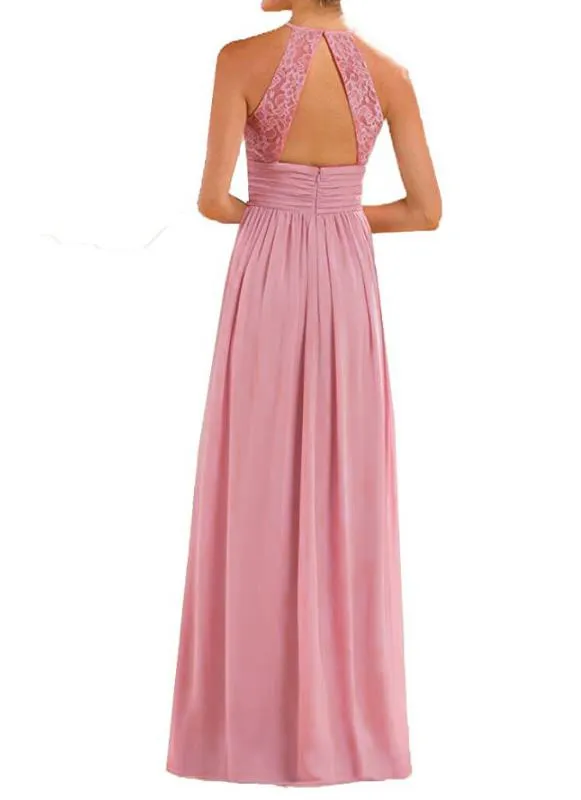 2022 홍당무 핑크 신부 들러리 드레스 긴 컨트리 스타일 고삐 목 레이스 쉬폰 전장 A- 라인 정식 웨딩 게스트 파티 드레스