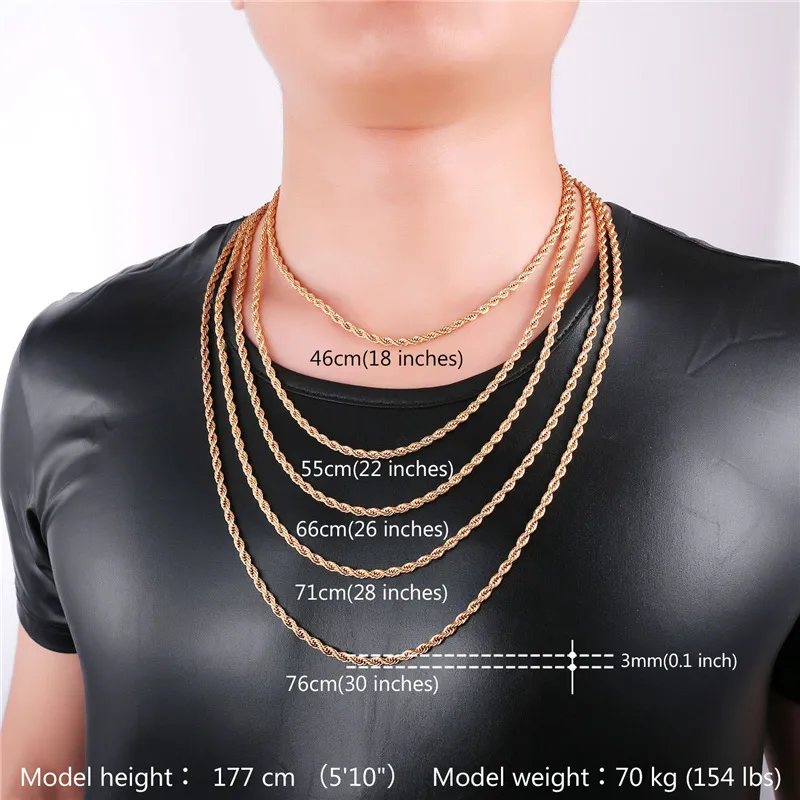 남성 골드 체인 패션 보석 선물을위한 18K 진짜 금 도금 스테인레스 스틸 와이어 로프 체인 목걸이