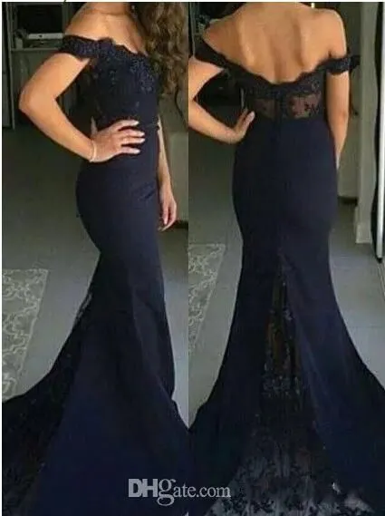 Robes Cortos de Gala Modest Longues Robes De Bal En Dentelle Noire 2017 Hors Épaule Chérie En Mousseline De Soie Ombre Robe De Demoiselle D'honneur Femmes Robes De Soirée