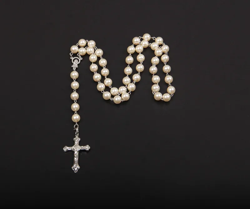 Noir / Blanc Collier De Perles Chaîne En Or Blanc Hommes Femmes Chapelet Perles 6 MM Religieux Croix Collier Bijoux Cadeau De Noël