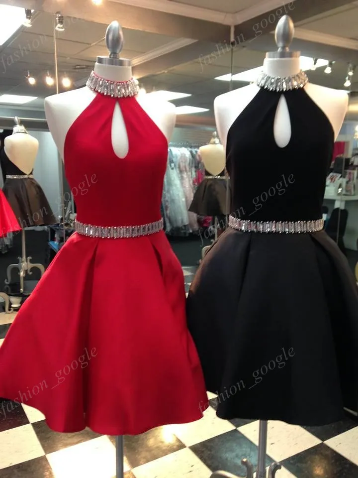 Red Homecoming Dresses 2k17 with Beaded Halter Neck & Crystals Sash Real Pictures Modern Black Sweet 16 Dress Open Back Party Club Wear