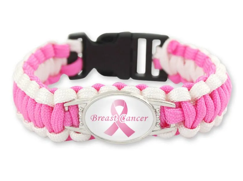 wholesale 200pcs/lot 7 styles Pink Breast Cancer Fighter Hope Ribbon Awareness Paracord Bracelets Blue Yellow Black Outdoor Camping