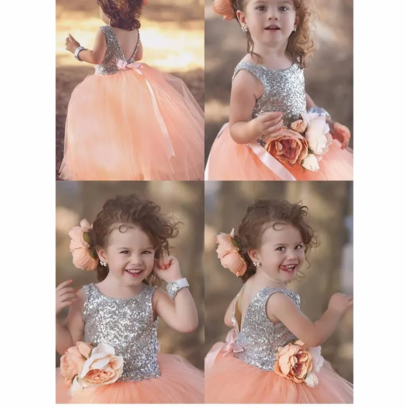 Dos nu paillettes dentelle personnalisé mignon petite fleur fille robe étage longueur fait à la main fleurs arcs enfants bal robe d'anniversaire pas cher 53