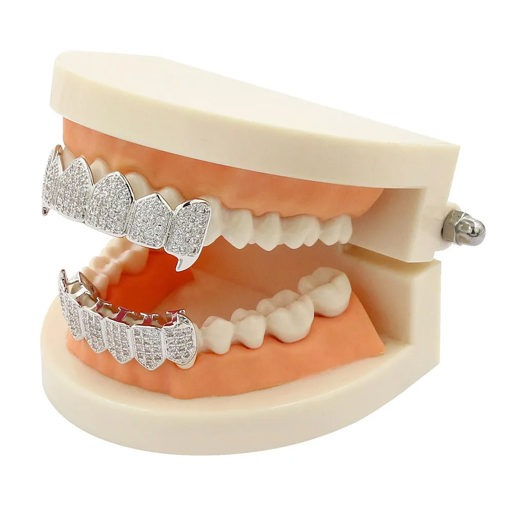 Hip Hop Iced Out CZ Mouth Teeth Grillz Caps Top Bottom Grill Set Men Women Vampire Grills4249379