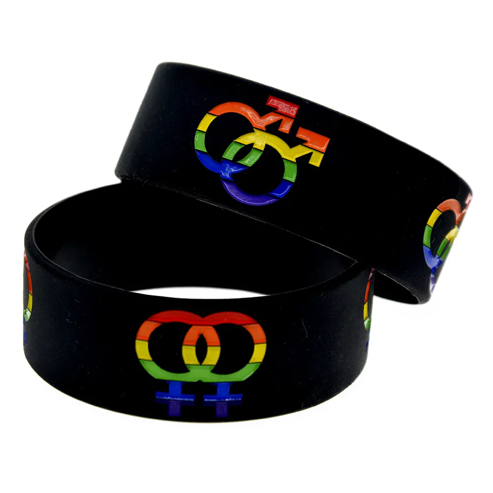 1 pc orgulho 1 polegada pulseira de silicone larga com menino e menina logotipo de gênero preto tamanho adulto preto