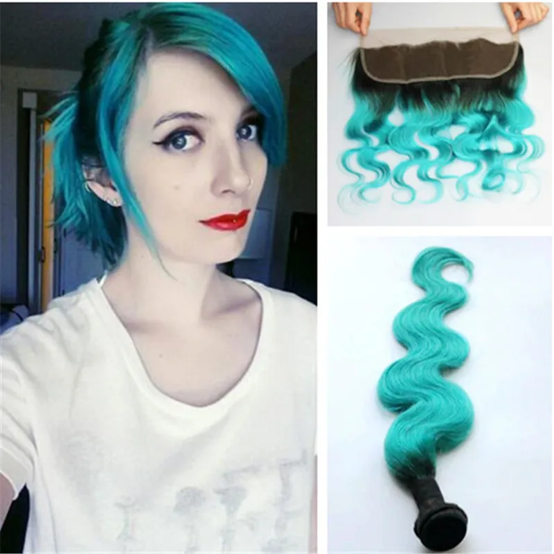 1B Grass Green Dark Root Ombre Body Wave Turquoise Hair Extensions With ...
