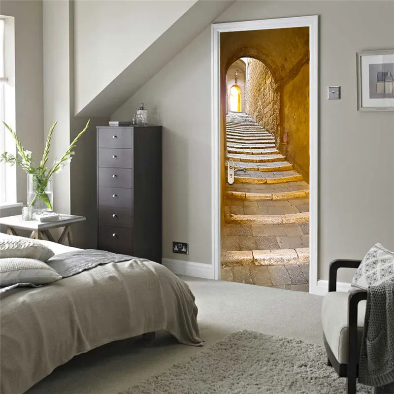 ヨーロッパ風の石造りの階段の壁のドアのステッカー3D PVC自己接着性の壁紙防水ホームルームのドアの装飾