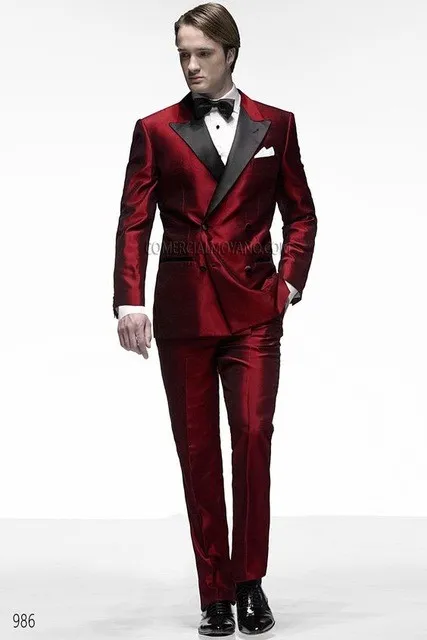 Modny Groom Tuxedos Groomsmen Dark Red Peak Lapel Best Man Suit Stage Męskie Garnitury Blazer (kurtka + spodnie + krawat) K308