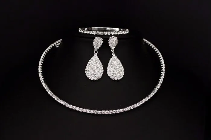 Hot Selling Bride Classic Rhinestone Crystal Choker Necklace Earrings And Bracelet Wedding Jewelry Sets Wedding Accessories Bridal Jewelry