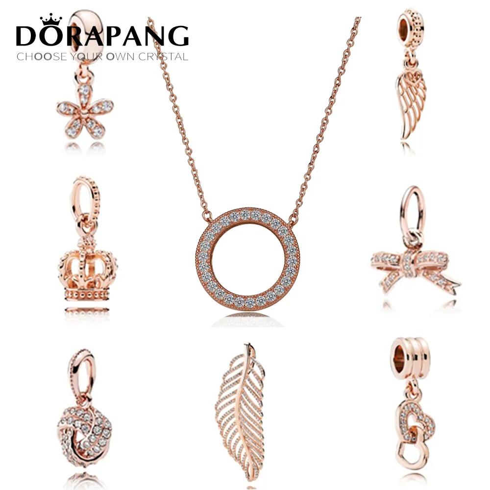 Dorapang Authentic 925 Sterling Silver Beads Serca Kryształu Naszyjnik Naszyjnik Pasuje do European Style Biżuteria Rose Pozłacane dla kobiet